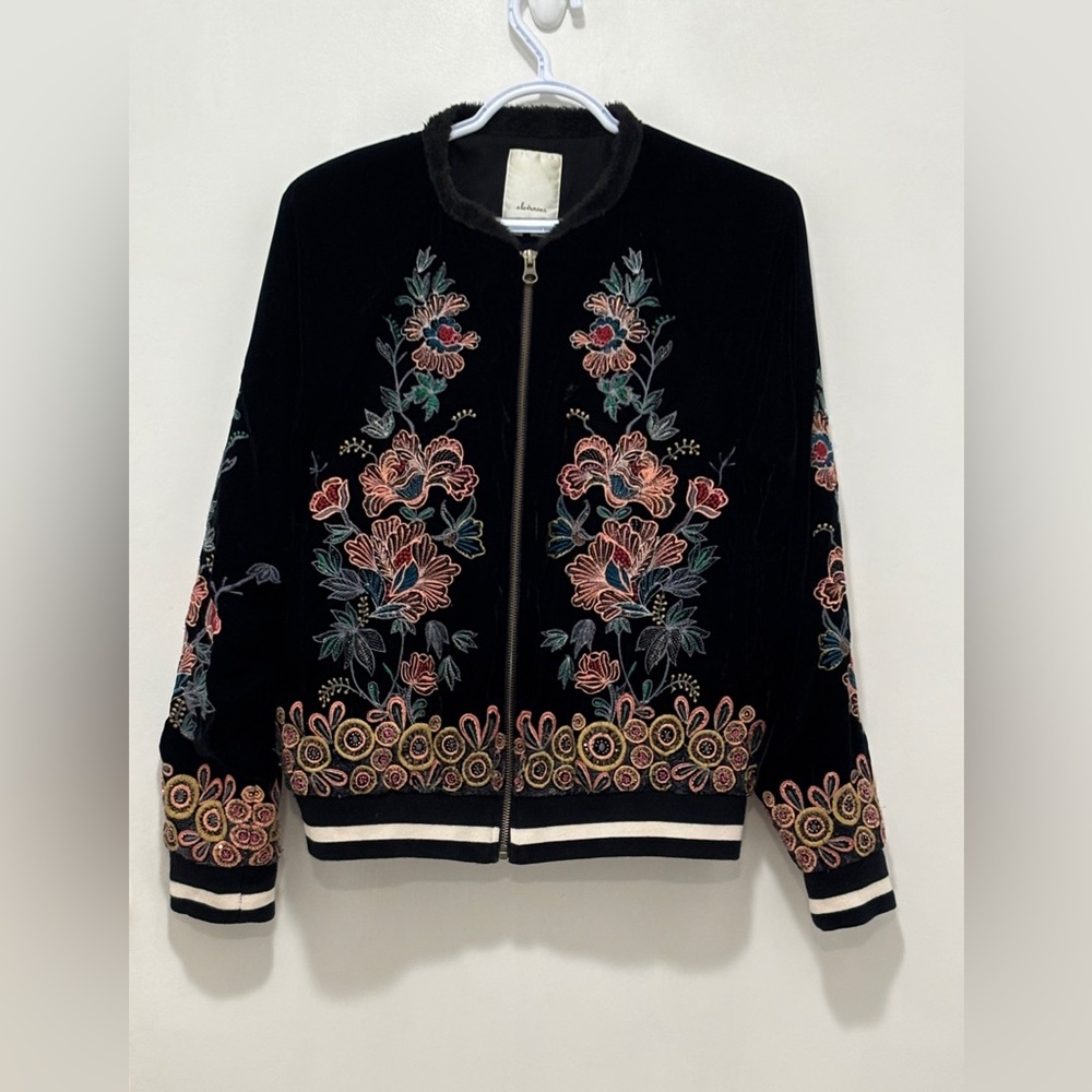 Elevenses Black Floral Embroidered Bomber Jacket. Size S